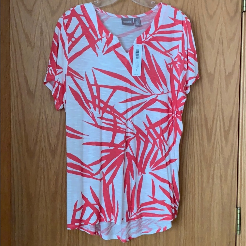 Chico’s casual top. Salmon and white print.